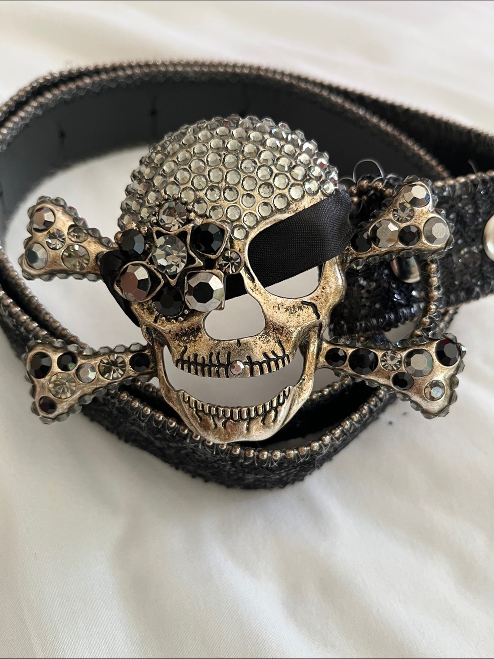 Skull Crossbones black rhinestone buckle belt glitter silver goth witchy 42”